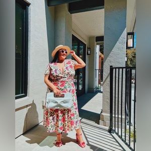 Pink Floral Midi Wrap Dress